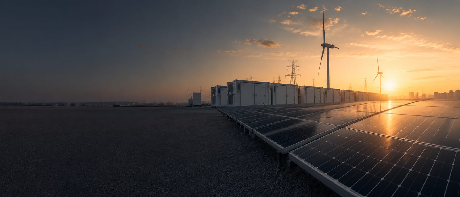 Zonnepanelen en windturbines bij zonsondergang